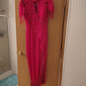 Fuchsia Embellished Maxi Dress with Fringe Details